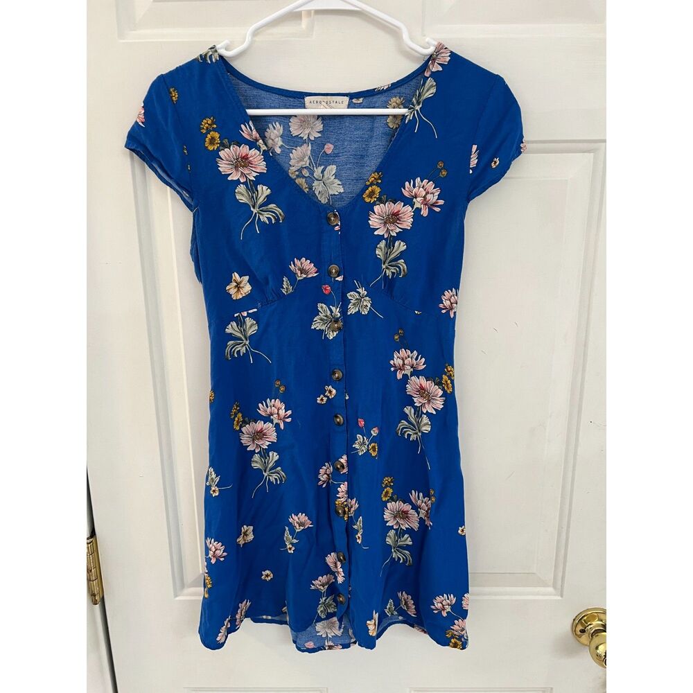Aeropostale Blue Floral Babydoll Mini Dress Button Front Lace Up XS S Y2K Fairy